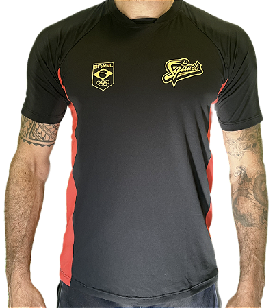 Camiseta Squash Store Preta Vermelha e Dourada Baby Look