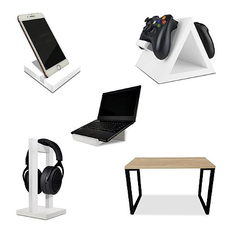Setup Gamer Kit Spark Mesa Preto/Jade + Suporte para Controle Headset Notebook e Celular Branco