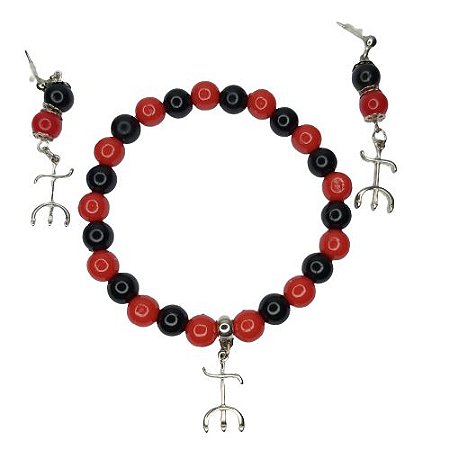 Conjunto pulseira e brinco preto e vermelho Pomba Gira