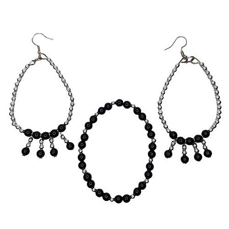 Conjunto pulseira e brinco preto e cinza Pomba Gira