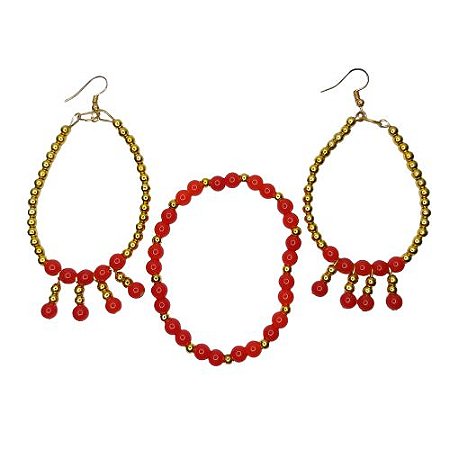 Conjunto pulseira e brinco vermelho com dourado Pomba Gira