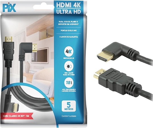Cabo HDMI 2.0 4K 19 Pinos - Plug 90 Graus, 5 Metros