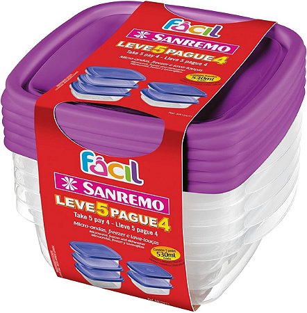 Sanremo Conjunto com 5 Potes Plásticos, Fácil, Cores Sortidos, 530 ml