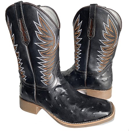 Bota Texana Estampa Avest Preto Cano Preto Sola Marrom Bico Quadr