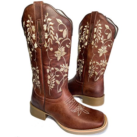 Bota Texana Feminina Flores Vira Palha Sola Marrom Bico Quadrado