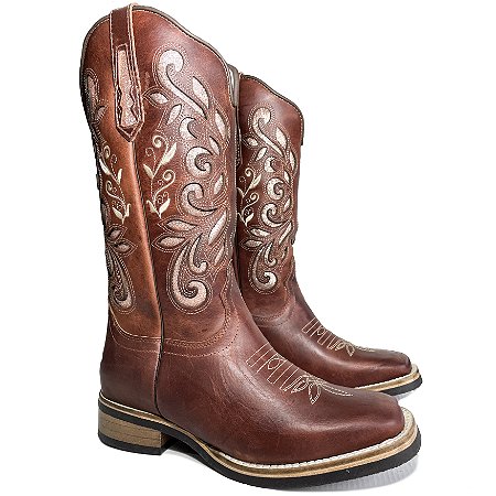 Bota Texana Feminina Touro Sentado Laser Cano Salto Madeira Bico Quadrado