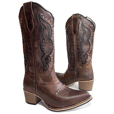 Bota Texana Feminina TS Fossil Strass Café Salto Madeira Bico Fin