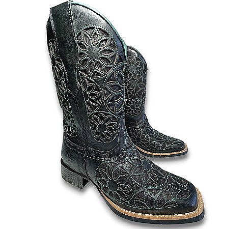 Bota Texana Feminina Cano Médio Laser Black Sola Preta Bico Quadr
