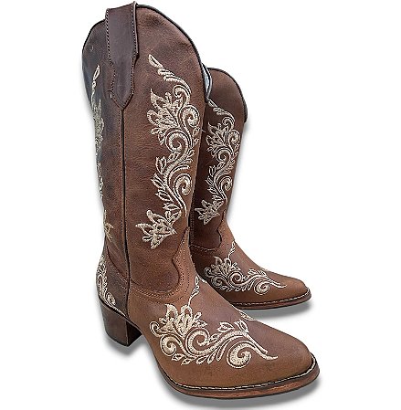 Bota Texana Feminina TS Fossil Flores Salto Madeira Bico Fino