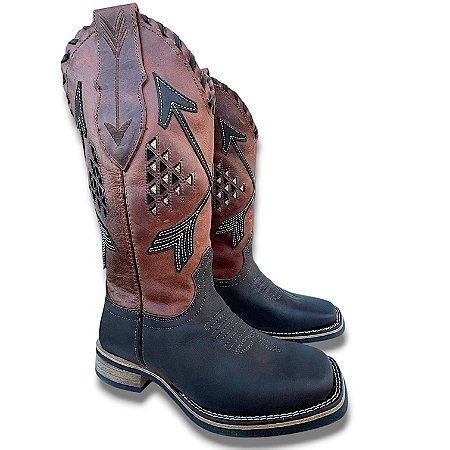 Bota Texana Feminina TS Fossil Flechas Salto Madeira Bico Quadrad