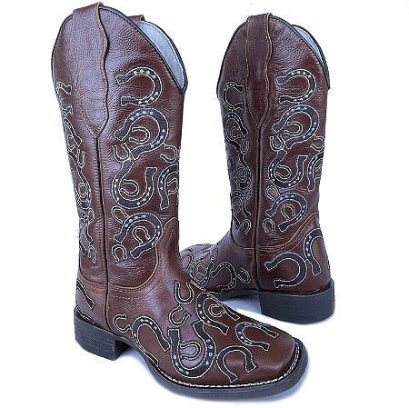 Bota Texana Feminina Ferradura Chocolate Bico Quadrado
