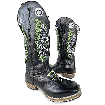 Bota Texana Cano Alto Preto Cocar Carrapeta Bico Quadrado