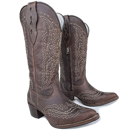 Bota Texana Feminina Touro Sentado Rustico Bord Strass Bico Fino