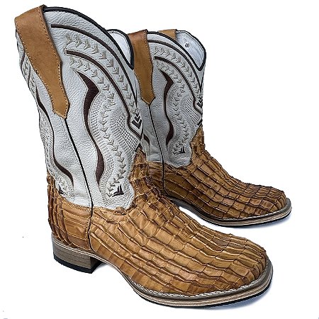 Bota Texana Bambu Camel Cano Creme Salto Madeira Bico Quadrado