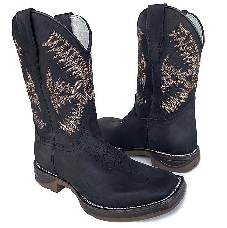 Bota Texana Pro Black Bordado Sola Jump Bico Quadrado
