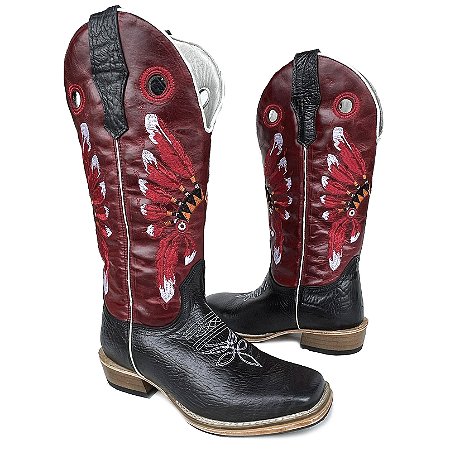 Bota Texana Cano Alto Preto Cocar Vermelho Carrapeta Bico Quadrad