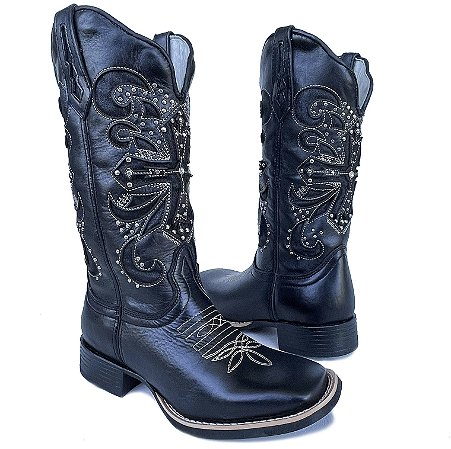 Bota Texana Feminina Touro Sentado Cruz Cano Glitter Bico Quadrad
