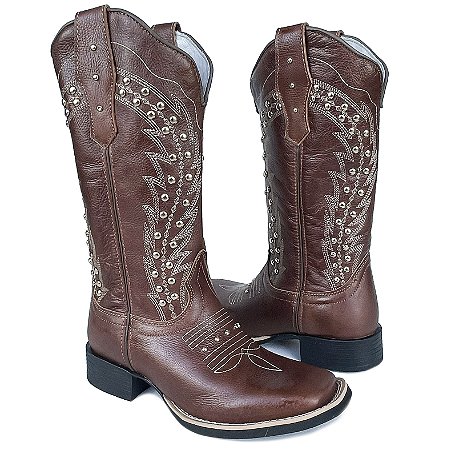 Bota Texana Feminina Café Bordado com Strass Bico Quadrado