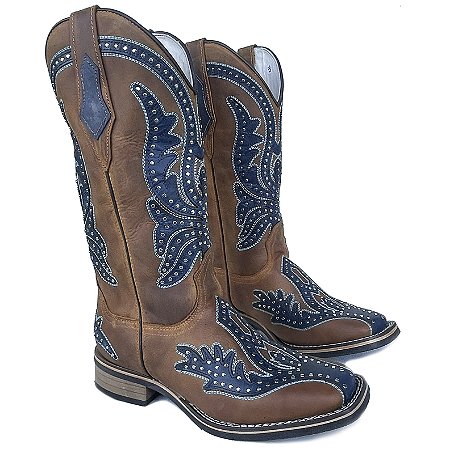 Bota Texana Feminina Touro Sentado Camel Fire Azul Strass Bico Q