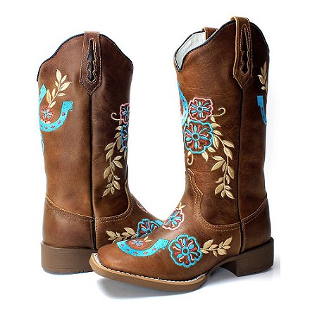 Bota Texana Feminina Ferradura Azul Bico Quadrado