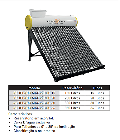Aquecedor Solar Acoplado Vácuo 200L 20 TUBOS - TERMOMAX