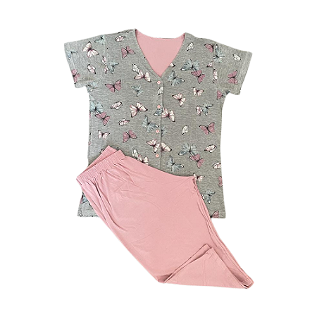 Pijama Meia Manga Feminino Adulto Cinza Pescador - Lily Pijamas