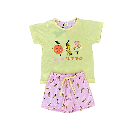 Pijama Meia Manga Infantil Feminino Estampa Bananinha, Short Curto - Lily Pijamas