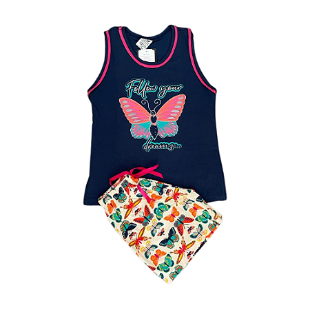 Pijama Short Doll Regata Feminino Infantil Estampa de Borboleta - Lily Pijamas