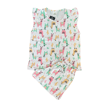 Pijama Meia Manga Feminino Infantil Estampa lhama com Short Curto - Lily Pijamas