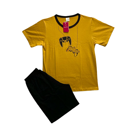 Pijama Infantil Masculino Meia Manga Mostarda e Preto - Lily Pijamas