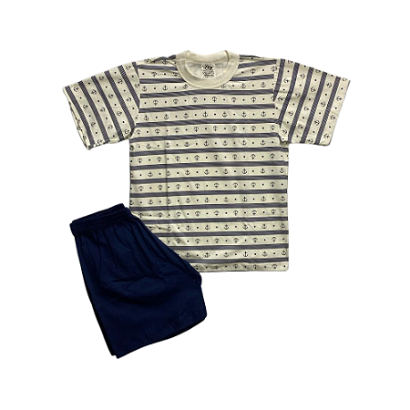 Pijama Infantil Masculino Bermuda Meia Manga Creme e Azul Escuro Âncora - Lily Pijamas