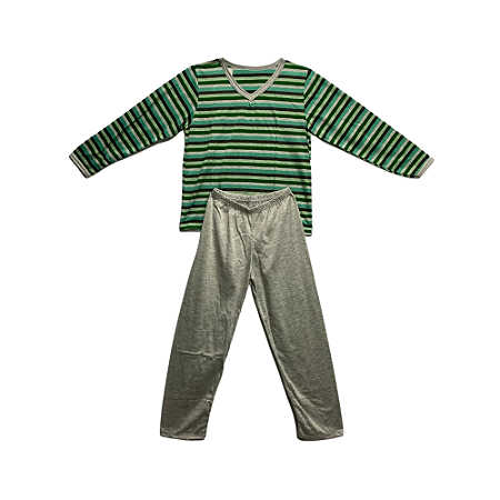 Pijama Infantil Masculino Longo Cinza Claro Listrado com Verde - Lily Pijamas
