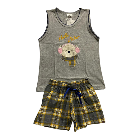 Pijama Infantil Feminino Short Doll Cinza Bordado Ursinho - Lily Pijamas