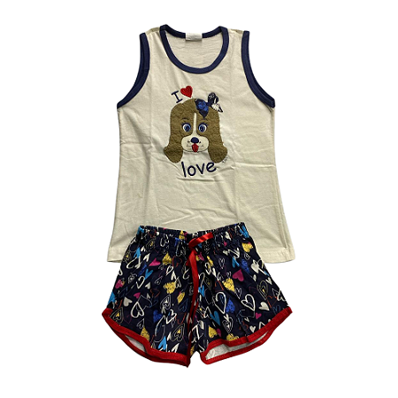 Pijama Infantil Feminino Short Doll Creme e Azul Escuro Bordado - Lily Pijamas