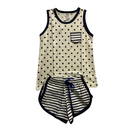 Pijama Infantil Feminino Short Doll Marfim e Azul Escuro Estrelas - Lily Pijamas