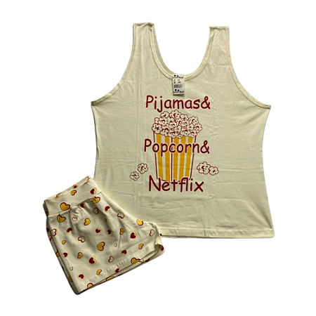 Pijama Adulto Feminino Camiseta Pipoca e Netflix - Lily Pijamas