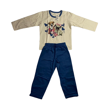 Pijama Infantil Feminino Longo Filhotinhos cor Azul Petróleo - Lily Pijamas