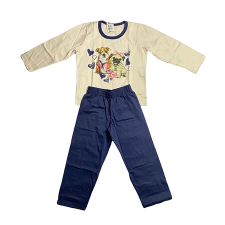 Pijama Infantil Feminino Longo Filhotinhos Azul Escuro - Lily Pijamas