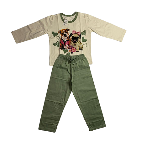 Pijama Infantil Feminino Longo Filhotinhos Verde Folha Seca- Lily Pijamas