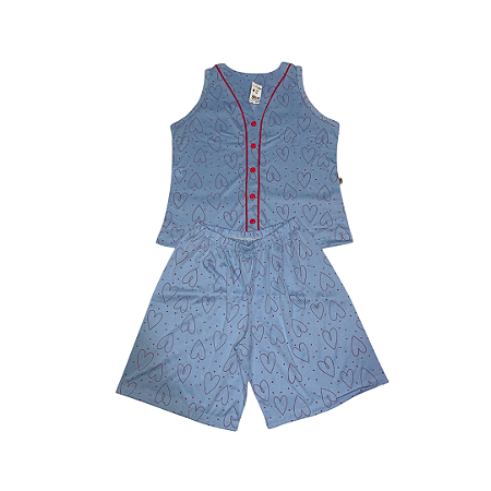Pijama Aberto Feminino Adulto Azul Claro com Estampa de Coração - Lily Pijamas