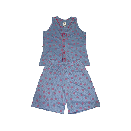 Pijama Aberto Feminino Adulto Azul com Estampa de Bolinha Rosa  - Lily Pijamas