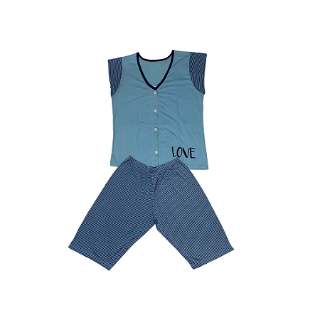 Pijama Feminino Pescador Adulto Gola V Azul Love - Lily Pijamas