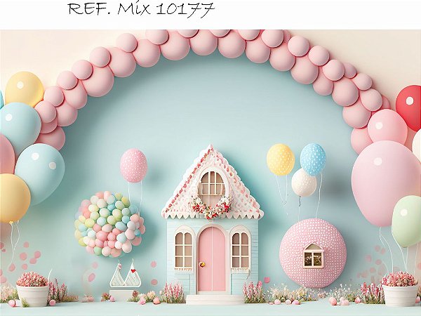 Fundo Fotográfico Retangular Cenário Balões Casinha Candy Colors