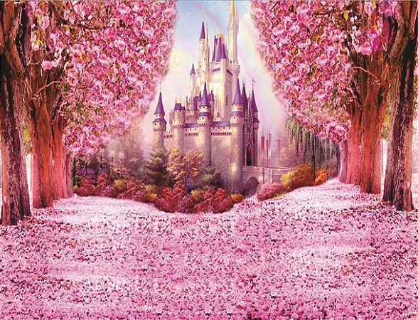 Painel para festas de aniversário e fotografias em tecido Cerejeira e castelo rosa