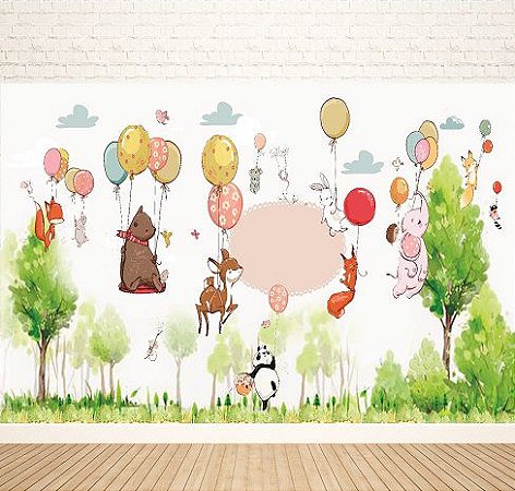 Painel para festas de aniversário e fotografias em tecido Bichinhos Balões