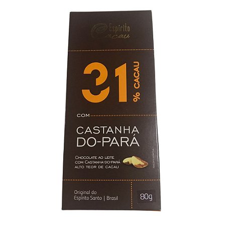 Tablete de Chocolate 31% Cacau ao Leite c/ Castanha do Pará - 80g