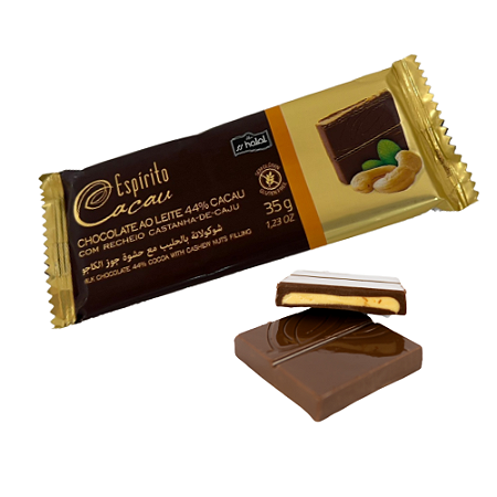 Tablete de Chocolate 44% Cacau Ao Leite com Recheio de Castanha de Caju - 35g (10 und)