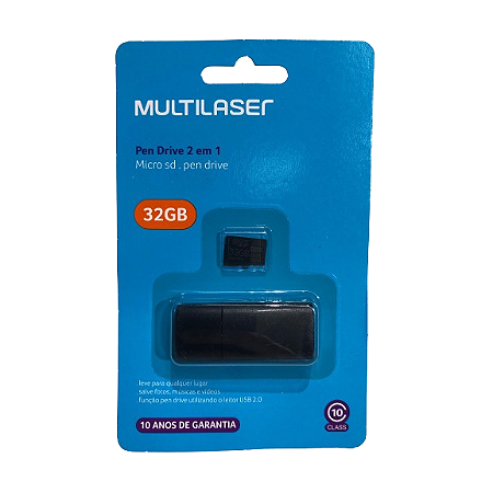 Pen Drive 2 em 1 Leitor USB + Cartão de Memória Classe 10 32GB Preto Multilaser - MC163