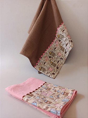 Pano de copa mix marrom e rosa - tema café - Kit com 2 unidades