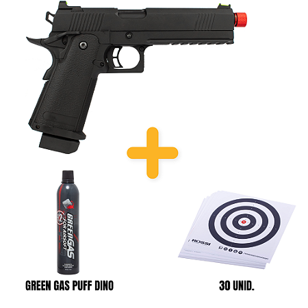 PISTOLA AIRSOFT 1911 BLACK DEVIL 5.1 HI-CAPA + ALVO + GREEN GAS PUFF DINO